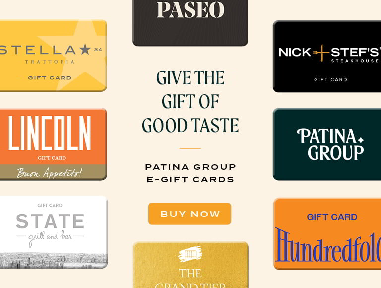 Patina Group e-gift cards promotion with a ‘Buy Now’ call to action.
